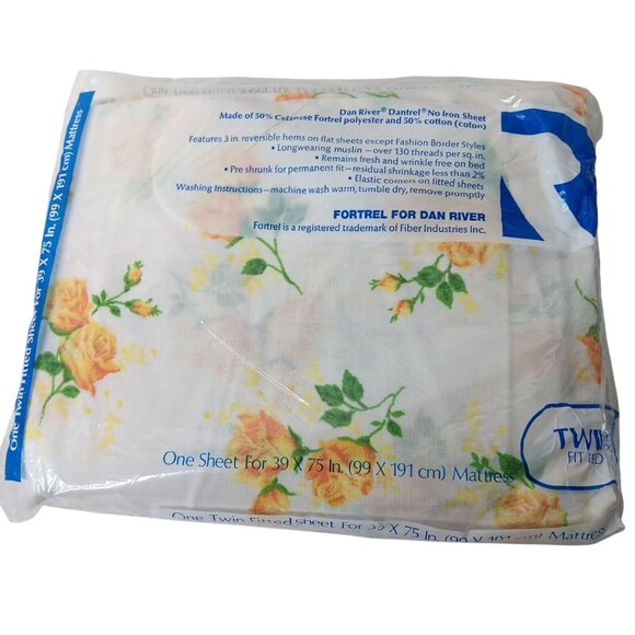 NOS Vintage Dan River Twin Fitted Sheet White Yellow Roses No Iron Fortrel NEW - Picture 2 of 6